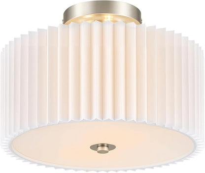 VONLUCE Semi-Flush Mount Ceiling Light, 12.2" Modern 2-Light Ceiling Light Fixture with White Pleated Drum Shade 2 E26 Sockets for Bedroom Entryway Living Room, Nickel Finish, ETL Certificated