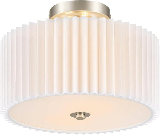 VONLUCE Semi-Flush Mount Ceiling Light, 12.2" Modern 2-Light Ceiling Light Fixture with White Pleated Drum Shade 2 E26 Sockets for Bedroom Entryway Living Room, Nickel Finish, ETL Certificated