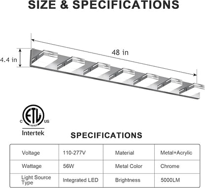 LED Modern Bathroom Vanity Light Fixtures, 7-Light 48-inch Dimmable Chrome Vanity Lights for Bathroom Lighting Fixtures Over Mirror, with 360° Rotatable Heads (Cool White 6000K)