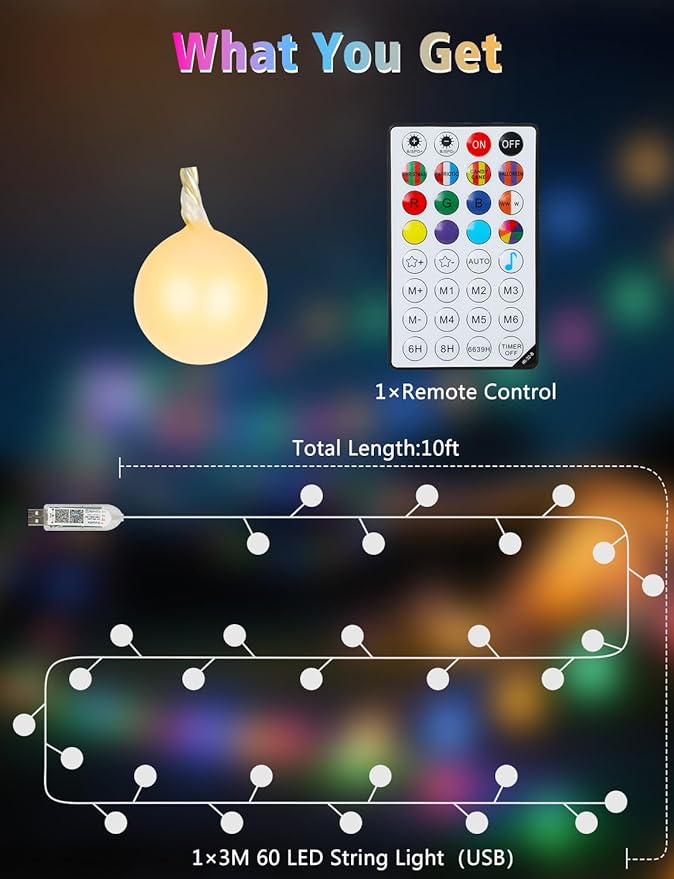 echosari Smart 4th of July Lights Plug in, 10FT 60 LED Color Changing Globe Fairy Lights RGB Built in Chip with App Remote Control, Firecracker String Lights for Indoor Bedroom Party Holiday Decor
