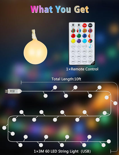 echosari Smart 4th of July Lights Plug in, 10FT 60 LED Color Changing Globe Fairy Lights RGB Built in Chip with App Remote Control, Firecracker String Lights for Indoor Bedroom Party Holiday Decor