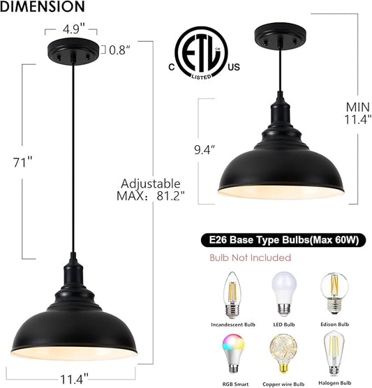 1 Pack Farmhouse Pendant Light Black Pendant Lighting for Kitchen Island Industrial Hanging Barn Light Pendant Lighting Over Island Sink Light Fixtures