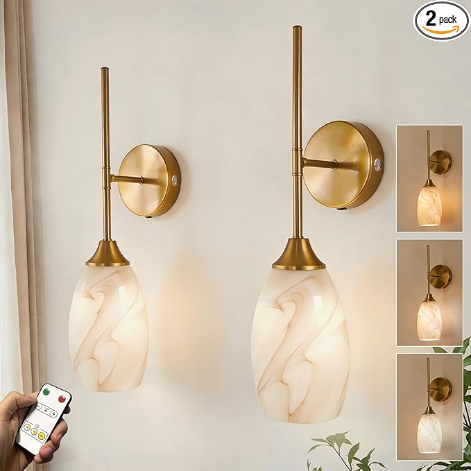 Alabaster Battery Operated Wall Sconces Set of 2, Gold Rechargeable Wireless Wall Sconces with Hand-Blown Glass, Remote Control, Magnetic Mount,Dimmable 3 colors for Bedroom Living Room Hallway