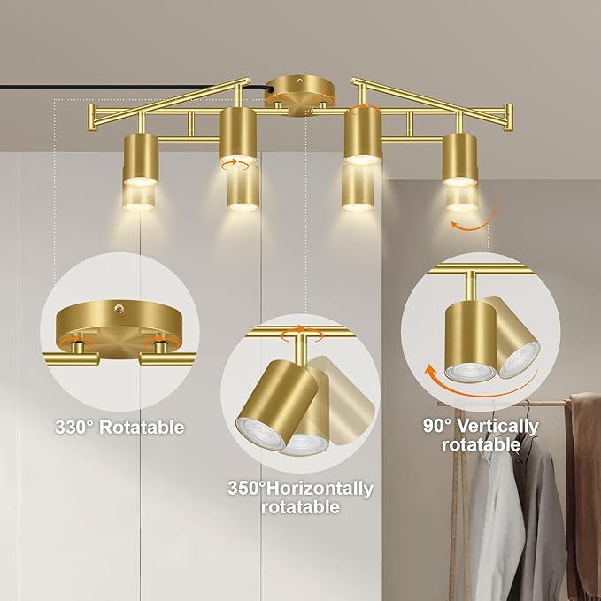 Plug in Track Lighting, LED Track Lighting Fixtures Ceiling Kit, Gold 8-Light Ceiling Light Plug-in, Wall Light with 15ft Power Cord, Rotatable Kitchen Spotlight for Bedroom(GU10 Socket, NO Bulb)