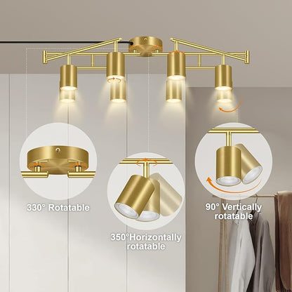 Plug in Track Lighting, LED Track Lighting Fixtures Ceiling Kit, Gold 8-Light Ceiling Light Plug-in, Wall Light with 15ft Power Cord, Rotatable Kitchen Spotlight for Bedroom(GU10 Socket, NO Bulb)