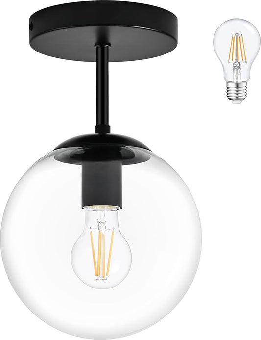 Bagood 8" Black Semi Flush Mount Ceiling Light Fixture Clear Glass Globe Ceiling Light Fixture Hallway Light Fixture Mid Century Ceiling Light Matte Black Finish for Entryway Foyer Kitchen(Bulb Incl.)