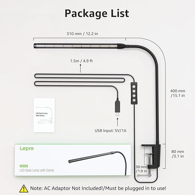 Lepro Clip on Desk Lamp LED Reading light Dimmable USB Small Clamp Lamp with 3 Color Modes 10 Brightness, Adjustable Flexible Gooseneck Table Light for Bed Headboard, Nail, Home Office,Computer(Black)