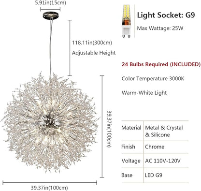 Modern Crystal Chandelier, 24-Light Firework Pendant Crystal Chandelier Chrome, 39.3" Large Dandelion Ceiling Light Fixture for Living Room Foyer Hallway