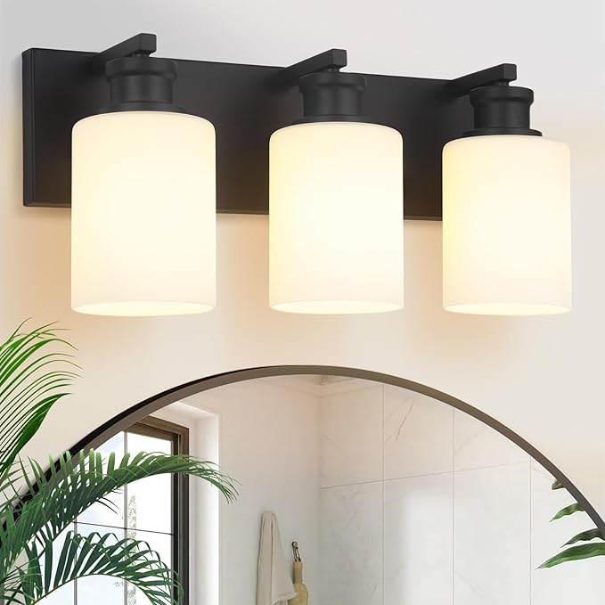 Bathroom Vanity Light, Modern 3 Light Bathroom Light Fixture Over Mirror with White Glass Shade, Black Vanity Lights for Bathroom, E26 Base, 16.5 inch (Bulbs Not Included)