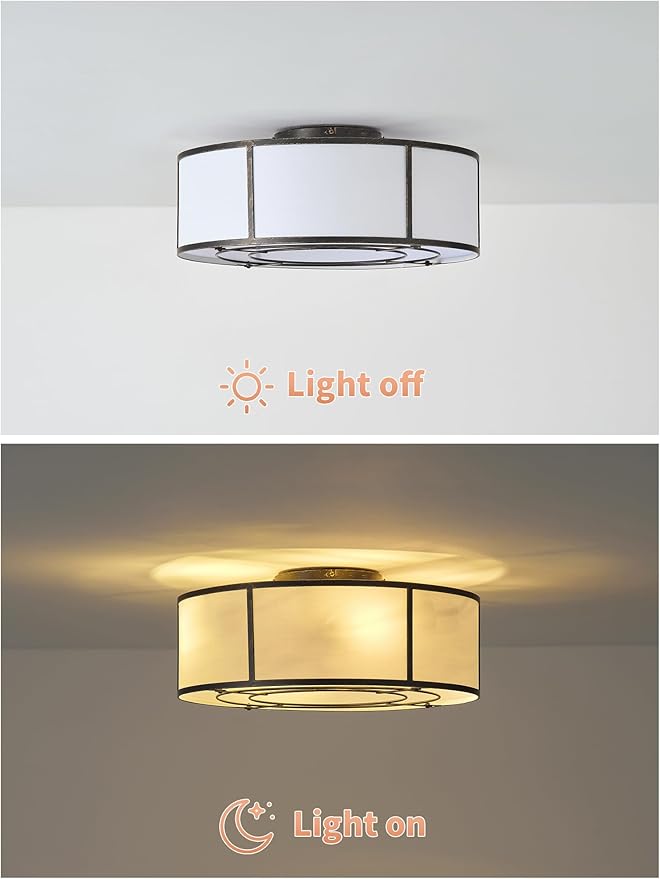 Low Profile Ceiling Fans with Lights, 20" Flush Mount Ceiling Fan with Light, Black and White Boho Bladeless with 6 Speeds Remote Control for Bedroom, Nursery, Living Room