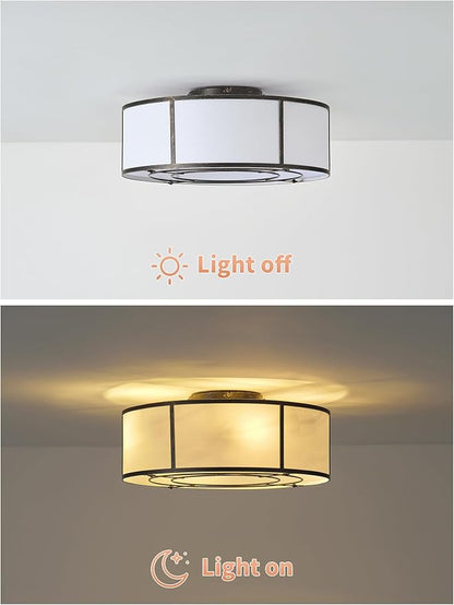 Low Profile Ceiling Fans with Lights, 20" Flush Mount Ceiling Fan with Light, Black and White Boho Bladeless with 6 Speeds Remote Control for Bedroom, Nursery, Living Room