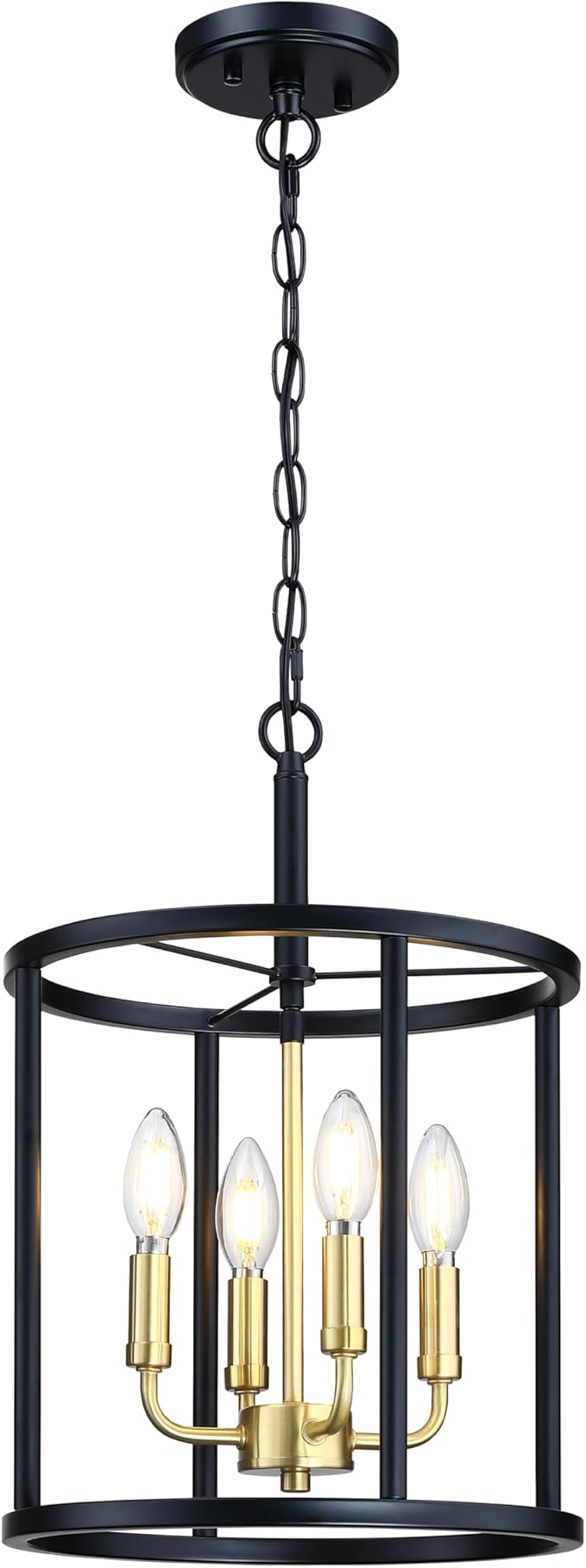 4 Light Hanging Geometric Lantern Pendant Light Fixture Black Gold Finish Chandelier Adjustable Chain Metal Cage Pendant Lighting for Kitchen Island Dining Room Foyer
