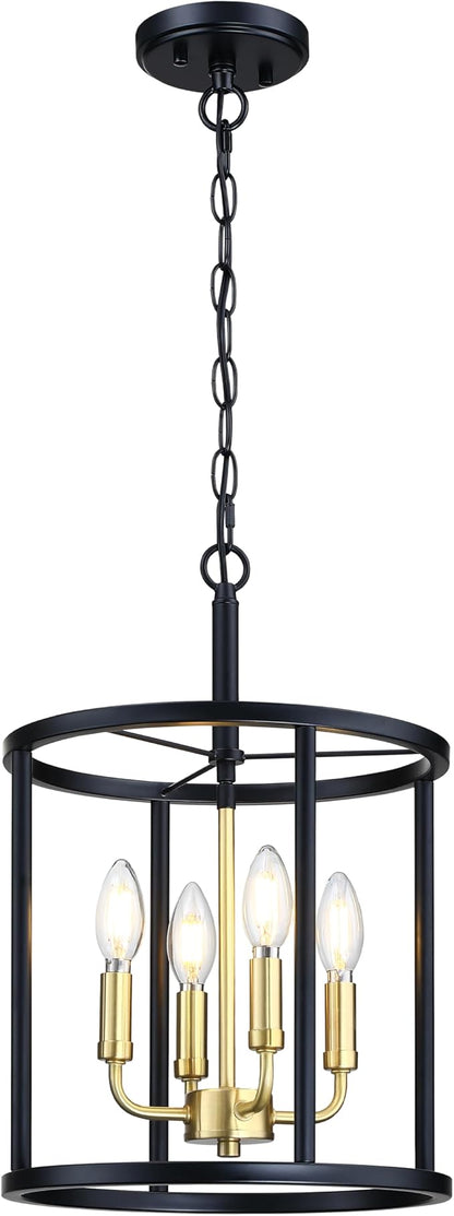 4 Light Hanging Geometric Lantern Pendant Light Fixture Black Gold Finish Chandelier Adjustable Chain Metal Cage Pendant Lighting for Kitchen Island Dining Room Foyer