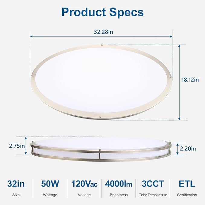 DAKASON 2Pack 32In Oval LED Flush Mount Ceiling Light for Kitchen, 50W Modern Ceiling Light Fixture for Living Room, 3500K/4000K/5000K, Dimmable for Dining Room/Laundry/Hallway, Brushed Nickel