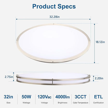 DAKASON 2Pack 32In Oval LED Flush Mount Ceiling Light for Kitchen, 50W Modern Ceiling Light Fixture for Living Room, 3500K/4000K/5000K, Dimmable for Dining Room/Laundry/Hallway, Brushed Nickel