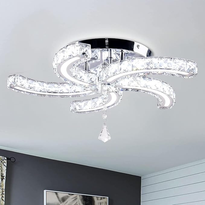 Finktonglan 19.7" Crystal Semi Flush Mount Ceiling Light, 5-Light LED Modern Chandelier, K9 Crystal & Acrylic, 25W, 6500K Cool White, Bedroom Living Room Dining Room Ceiling Lighting Fixture