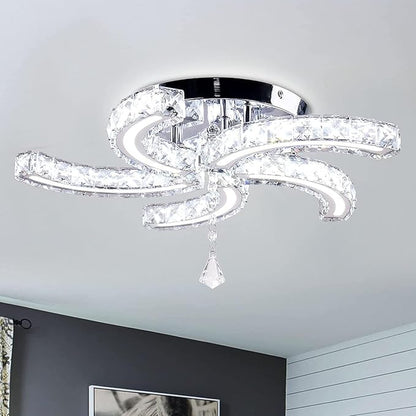 Finktonglan 19.7" Crystal Semi Flush Mount Ceiling Light, 5-Light LED Modern Chandelier, K9 Crystal & Acrylic, 25W, 6500K Cool White, Bedroom Living Room Dining Room Ceiling Lighting Fixture