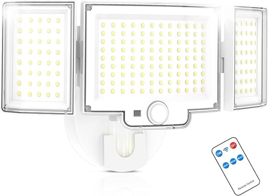 Motion Sensor Outdoor Light, 188 LED 4200LM Flood Lights Outdoor, 6500K Daylight, 3 Modes with Remote Control, IP65 Waterproof, Adjustable Heads, Hardwired 120V for Garage, Yard, Porch, 1 Pack White