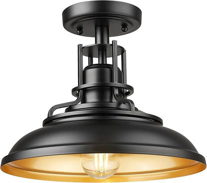 FEMILA Industrial Semi Flush Mount Ceiling Light, Outdoor Flush Mount Porch Light in Matte Black & Gold, 12" Farmhouse Front Porch Ceiling Lighting Fixture for Entryway, Hallway, Kitchen, 4FY15-F BK-1