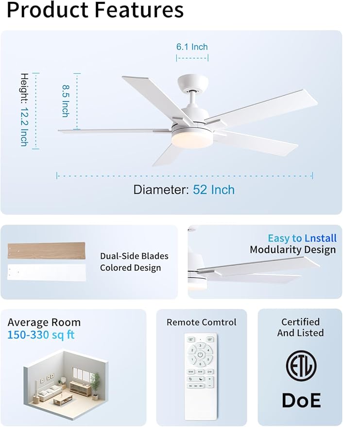 Rayqueen 52 Inch Ceiling Fans with Lights and Remote, 6 Speed Reversible DC Motor, 3CCT Dimmable LED, 5 Blades, White Modern Ceiling Fan for Bedroom, Living Room & Covered Outdoor, Includes Downrod