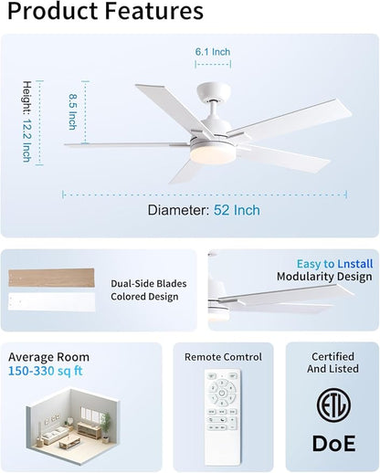Rayqueen 52 Inch Ceiling Fans with Lights and Remote, 6 Speed Reversible DC Motor, 3CCT Dimmable LED, 5 Blades, White Modern Ceiling Fan for Bedroom, Living Room & Covered Outdoor, Includes Downrod