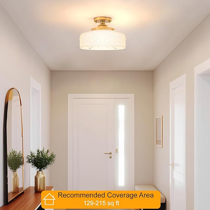 Daunton Gold Semi Flush Mount Ceiling Light with Hand-Carved Design - 12 Inch Vintage White Glass Shade with Etched Patterns, Easy Install 3-Light Fixture for Hallway, Kitchen, Bedroom
