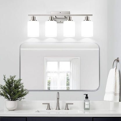Indoi 4-Light Bathroom Light Fixtures, Brushed Nickel Vanity Lights with Milk Glass Shades, Modern Bathroom Wall Lamp for Mirror Living Room Bedroom Porch