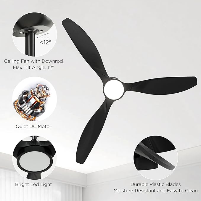 Roomratv Ceiling Fans with Lights and Remote Control,Quiet Noiseless Reversible DC Motor,6 Speeds,Timers, 3 CCT, Indoor Use, Plastic Blades,52 Inch Black Modern Ceiling Fan for Bedroom Living Room