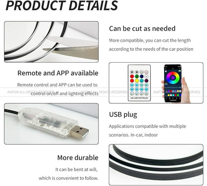 Ambient Lighting Car Led Lights Interior,43.3’’ USB Powered Acrylic Neon Flexible Strip Fiber Optic LED Ambient Lighting Kits with Remote APP, RGB Music Lights Sync for Inside car Dashboard