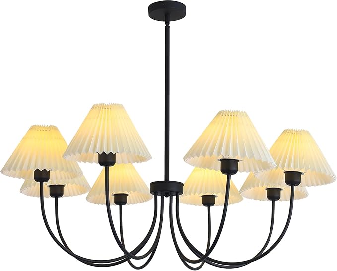 KCO Lighting Large White Pleated Chandelier 8 Light Black Chandelier Light Fixture Mid Century Modern Kitchen Light Nordic Vintage Pleated Pendant Lamp Industrial Dining Room Chandelier