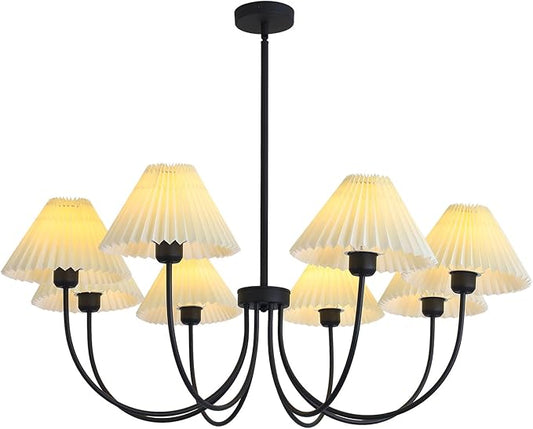 KCO Lighting Large White Pleated Chandelier 8 Light Black Chandelier Light Fixture Mid Century Modern Kitchen Light Nordic Vintage Pleated Pendant Lamp Industrial Dining Room Chandelier