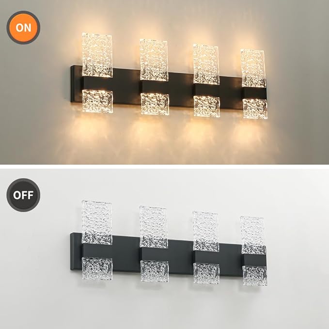 Modern Matte Black 4 Lights Bathroom Vanity Light, Eleglant LED Bathroom Light Fixtures Over Mirror, Dimmable Acrylic Shade Wall Lighting Fixtures, Hardwired Wall Light(H9.25in, L28.35in)