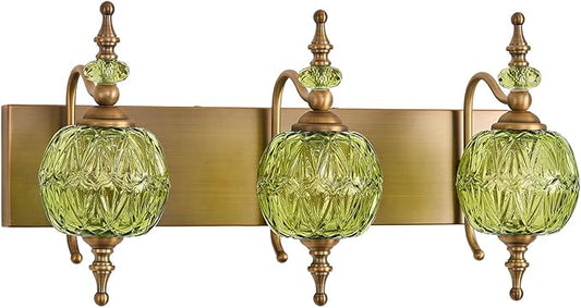 Vintage Green Bathroom Vanity Light Fixtures, Antique 3 Lights Bedhroom Wall Sconce Lighting Brass Finish with Crystal Glass Shade,Victorian Vanity Lighting