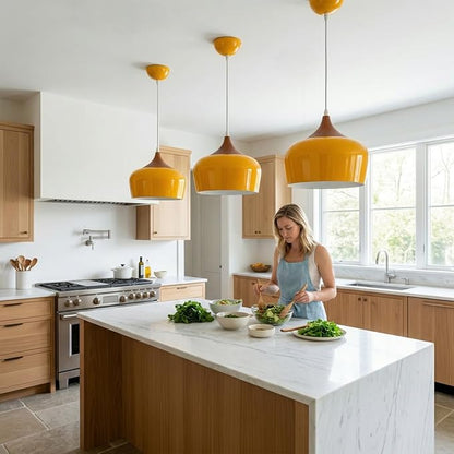 Modern Pendant Light Fxtures Kitchen, Hanging Light Fixtures Ceiling Mount, Wood Metal Shade Pendant Lamp for Dining Room, Bedroom, Living Room, Bathroom, Entryway, Small Chandelier, Glossy Yellow