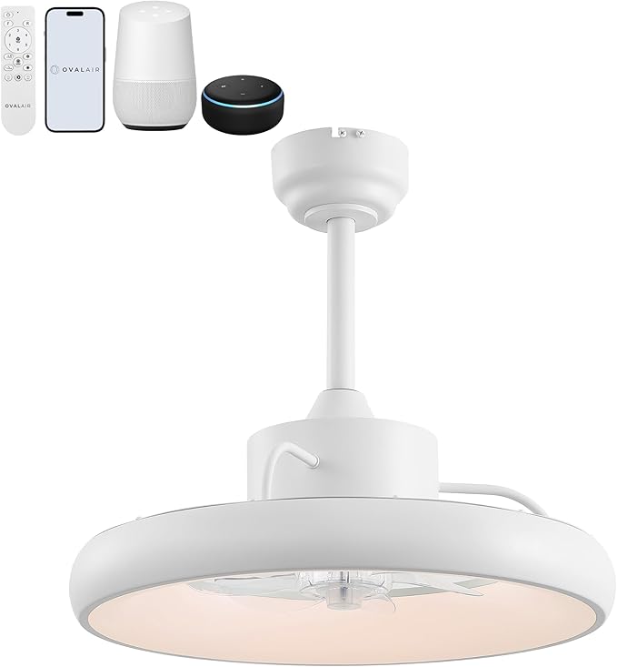 Oval AIR Loren 20" Small Smart Ceiling Fan with Light, Semi Flush Mount, Quiet 6-Speed Reversible Motor, Dimmable LED, Adjustable CCT, App & Remote Control, Minimalist, White AIR8002D