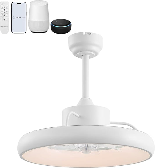 Oval AIR Loren 20" Small Smart Ceiling Fan with Light, Semi Flush Mount, Quiet 6-Speed Reversible Motor, Dimmable LED, Adjustable CCT, App & Remote Control, Minimalist, White AIR8002D