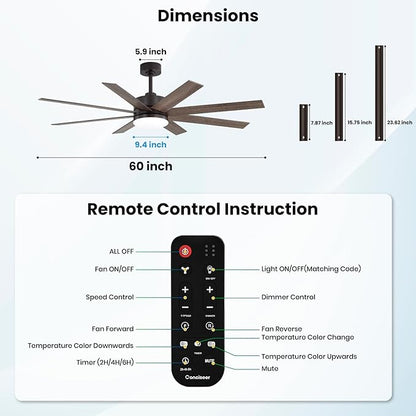 60 Inch Ceiling Fans with Lights and Remote, Dual Color 6 Blades, Bedroom Living Room Office Library Cafe Outdoor Industrial, 3CCT Dimmable, 6 Speed Reversible Quiet DC Motor, Brown/Wood Grain