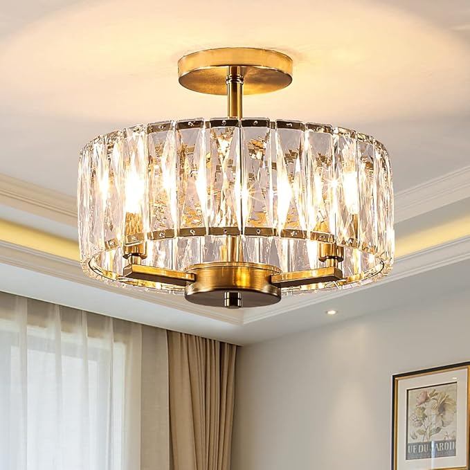 Gold Crystal Semi Flush Mount Chandeliers, 12.5” K9 Crystal Chandeliers 3-Light Ceiling Metal Pendant Fixture E12 Base for Living Room Bedroom Kitchen Island Hallway Dining Room …