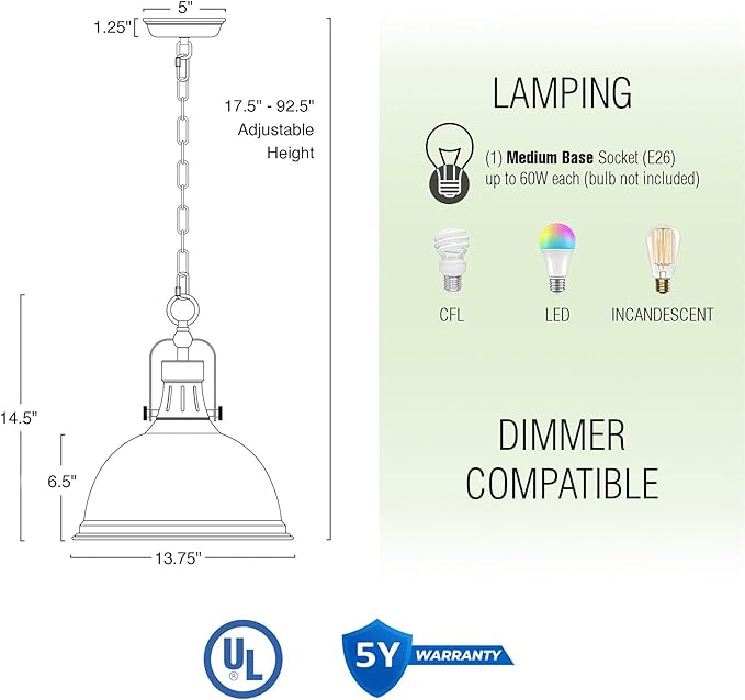 Kira Home Belle 14" Modern Industrial Pendant Light with Dome Shade, Retro Metal Silver Hanging Light, Brushed Nickel Finish