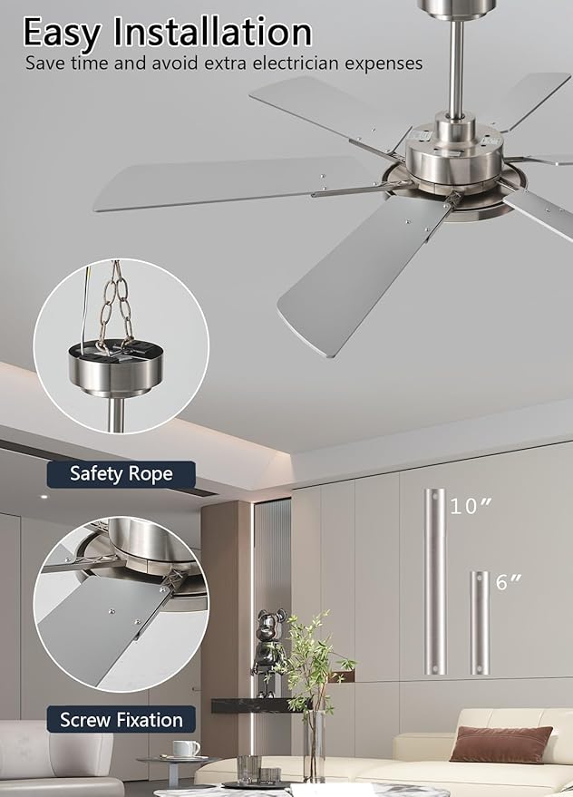 JSAITEE 52 Inch Low Profile Ceiling Fan with Light, Remote & App Control, 3CCT Dimmable,6 Speed 6 Blades Ceiling Fans, Quiet Reversible DC Motor, Modern Nickel Ceiling Fan for Bedroom Living Room