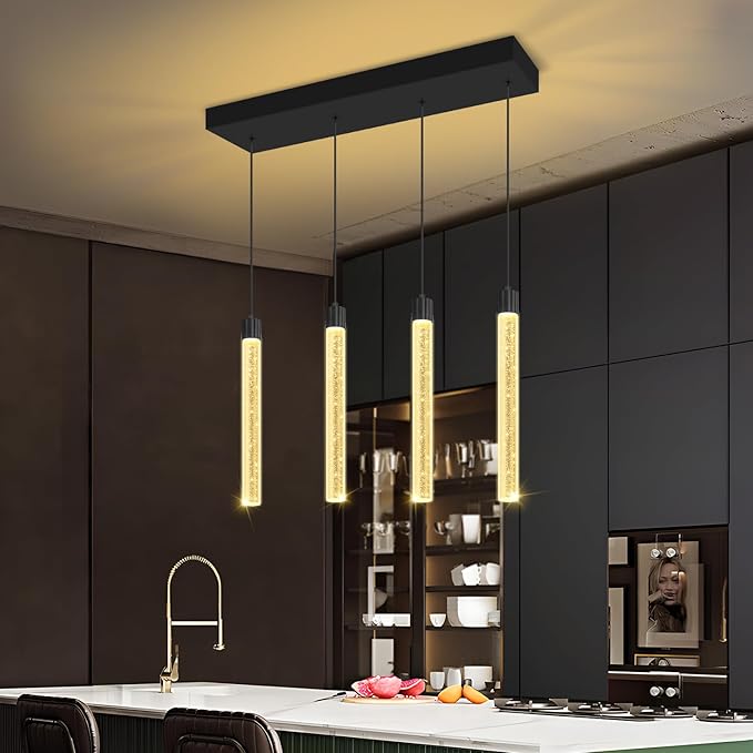4-Lights Black Modern Crystal Column Chandeliers for Dining Room Dimmable LED Adjustable Height Hanging Pendant Light for Kitchen Island,Bedroom,Over Table,Living Room
