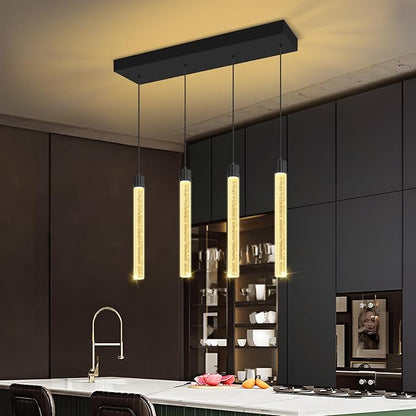 4-Lights Black Modern Crystal Column Chandeliers for Dining Room Dimmable LED Adjustable Height Hanging Pendant Light for Kitchen Island,Bedroom,Over Table,Living Room