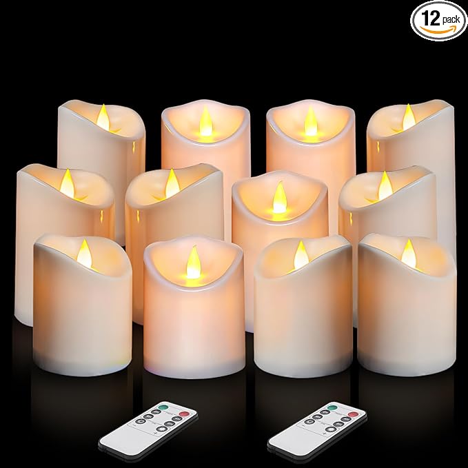 Flameless Candles 4" 5" 6" Outdoor Indoor Pillars Battery Operated Flickering Candles Include 10-Key Remote Timer 400+ Hours by 2 AA Batteries (White Candle - Warm light, 3"D x 4"|5"|6" H - 12 Pack)