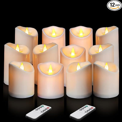 Flameless Candles 4" 5" 6" Outdoor Indoor Pillars Battery Operated Flickering Candles Include 10-Key Remote Timer 400+ Hours by 2 AA Batteries (White Candle - Warm light, 3"D x 4"|5"|6" H - 12 Pack)