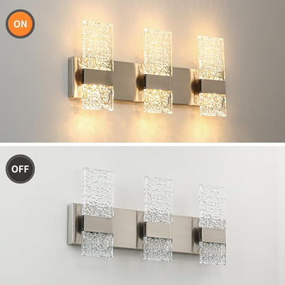 Modern Brushed Nickel 3 Lights Bathroom Vanity Light, Eleglant Nickel LED Bathroom Light Fixtures over Mirror, Dimmable Acrylic Shade Wall Lighting Fixtures, Hardwired Wall Light(H9.25in, L21.26in)