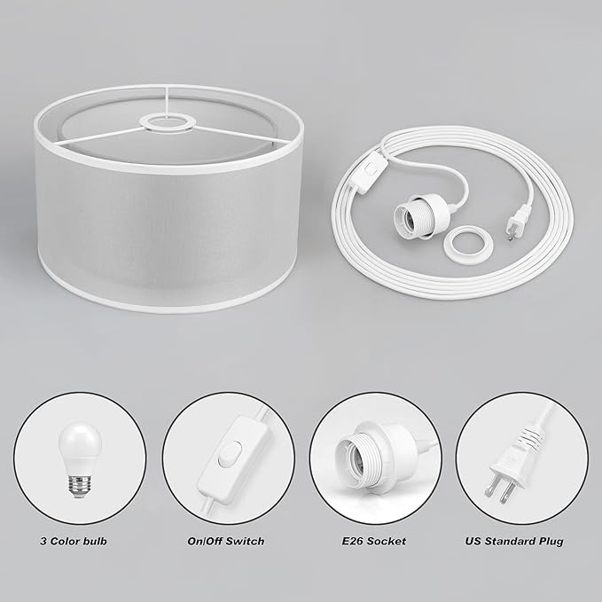 Plug in Pendant Light, 15FT White Cord Hanging Lights with Plug in Cord, Hanging Light with On/Off Switch, Double Linen Shade Fabric Design, Pendant Llight Fixture for Bedroom Restaurant Grey