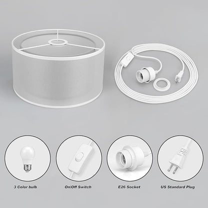 Plug in Pendant Light, 15FT White Cord Hanging Lights with Plug in Cord, Hanging Light with On/Off Switch, Double Linen Shade Fabric Design, Pendant Llight Fixture for Bedroom Restaurant Grey