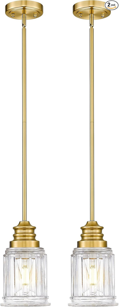 Brushed Gold Pendant Lights Kitchen Island 2 Pack, HWH 6 Inch Hanging Lights Fixtures with Bell-Shaped Fluted Clear Glass, Modern Kitchen Island Lighting, 5HZG106MIL-2L BG