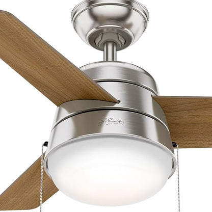 Hunter 36 inch Small Indoor Ceiling Fan with LED Light and Pull Chain - Modern Ceiling Fan, Standard Mount, 3 Blades, For Bedroom, Home Office, or Laundry Room, Quiet - Aker 59303, Brushed Nickel