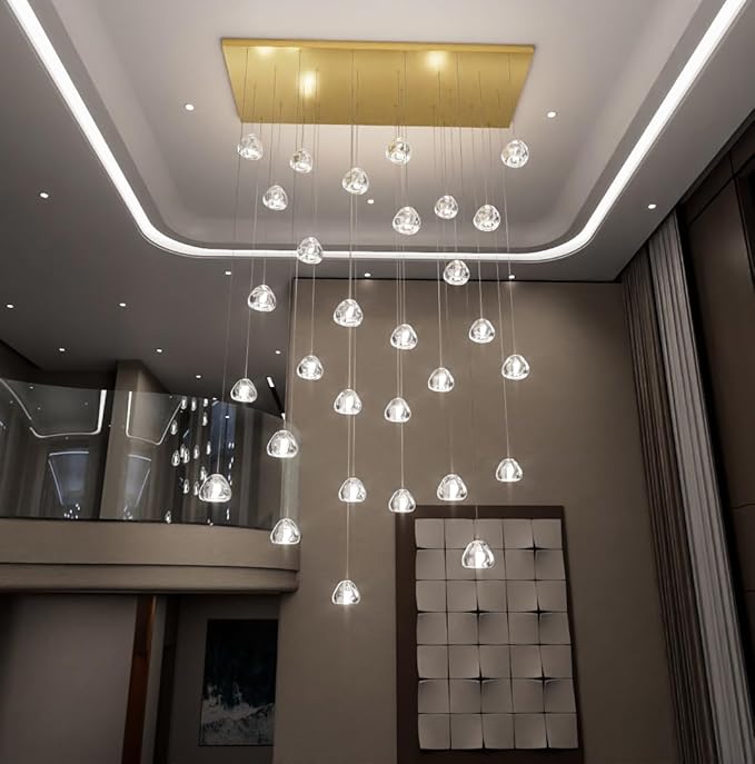 HAIXIANG LED Rectangular Chandeliers for Living Room Dining Room Light Dimmable High Ceiling Pendant Lights Fixtures Lighting 26-Lights for Foyer Entryway Lighting Antique Gold